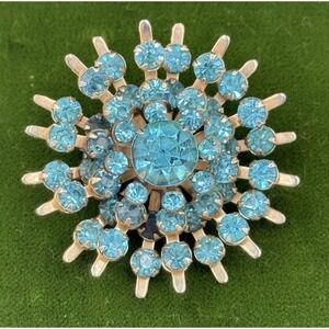 Vintage Gold Tone Starburst Broach Aqua Blue Flower Rosette Blue Rhinestone